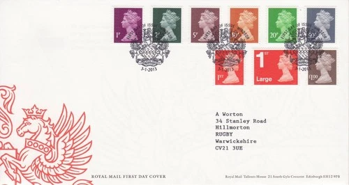 GB Stamps First Day Cover Machin Low Value Definitive 1p / £1 + PIP (9) SHS 2013