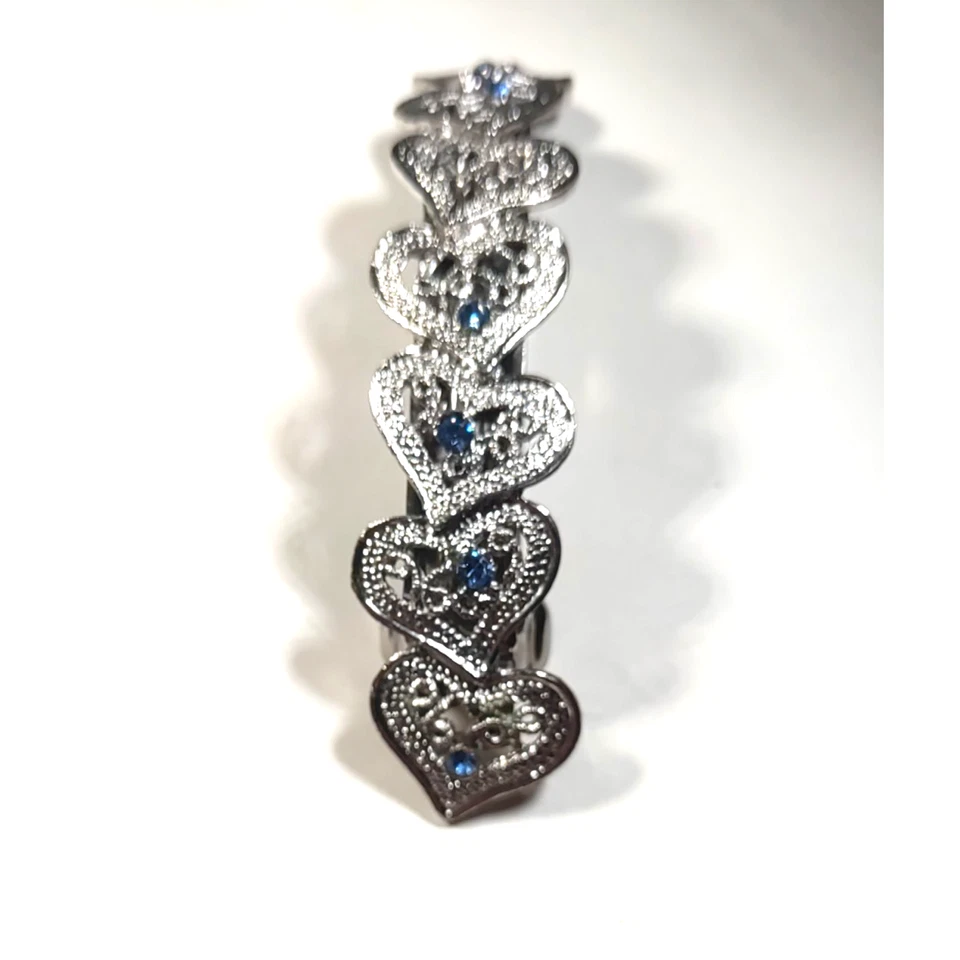 Hair Barrette Tension Clip Silver Tone Hearts Blue Purple Rhinestone 4" Long - Image 4 of 4