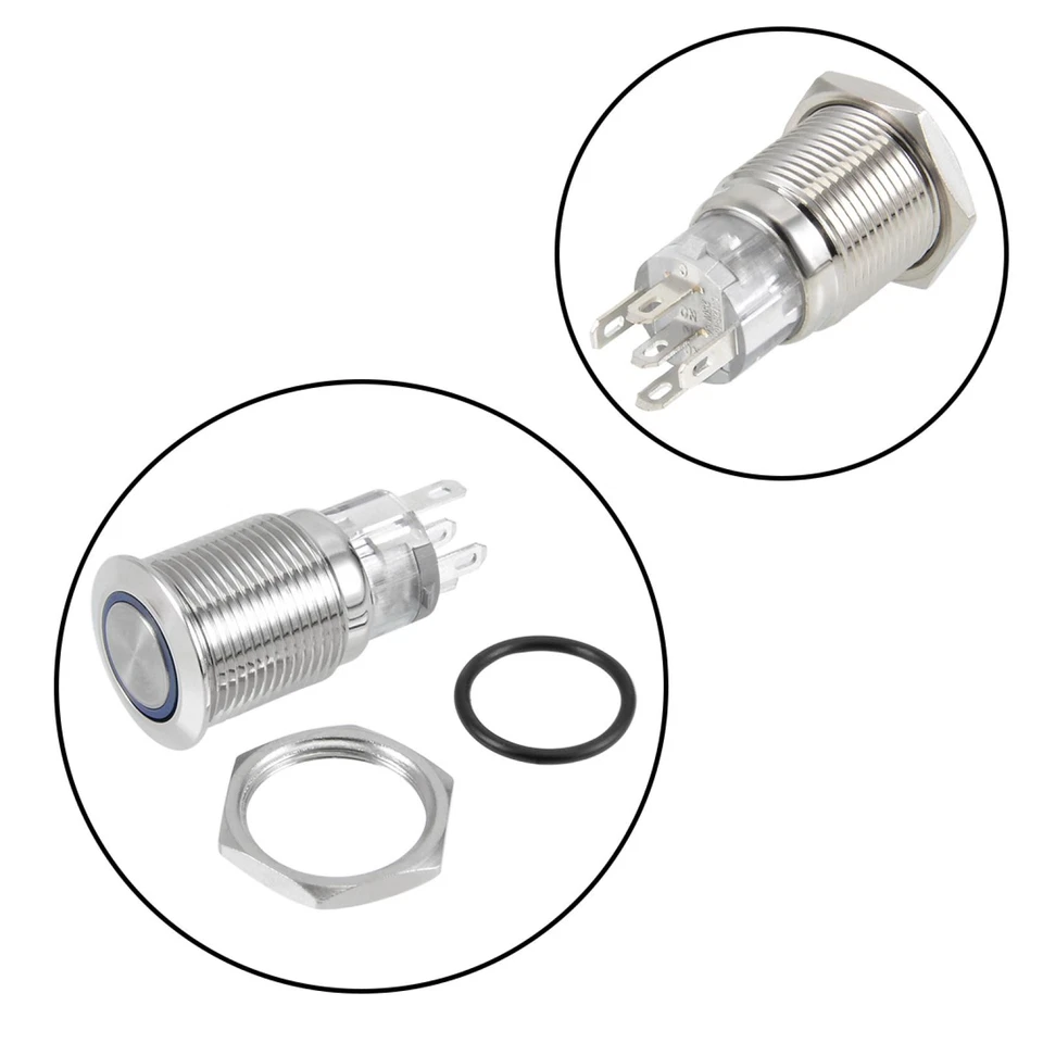 Momentary Push Button Switch 16mm Mounting Dia 5A 1NO 1NC 12V Blue LED Light - Image 2 of 4