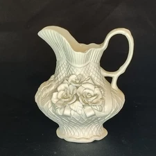Vintage Ivory Bisque Ceramic Pitcher Vase Jug Applied 3D Roses Timeless 