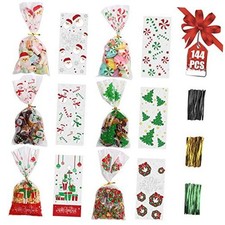144PCS Christmas Cellophane Bags,Xmas Clear Candy Treat Cellophane Bag with