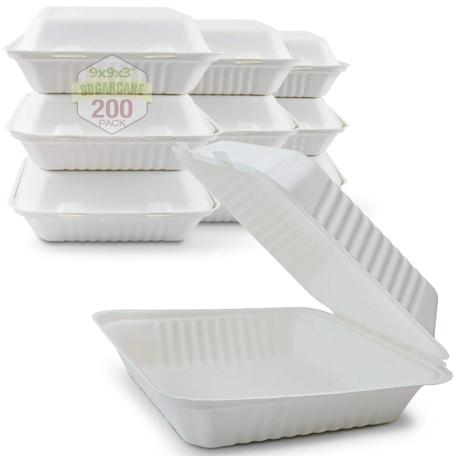 200 Count 9 Inch 1-Compartment Compostable Bagasse Clamshell To Go Food Boxes
