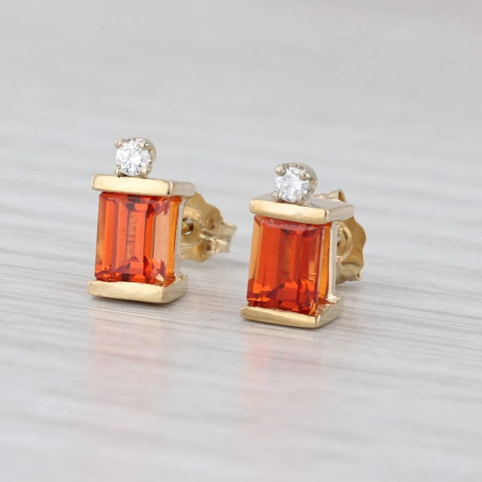 Lab Created Orange Sapphire Diamond Stud Earrings 14k Yellow Gold Studs - Image 3 of 4