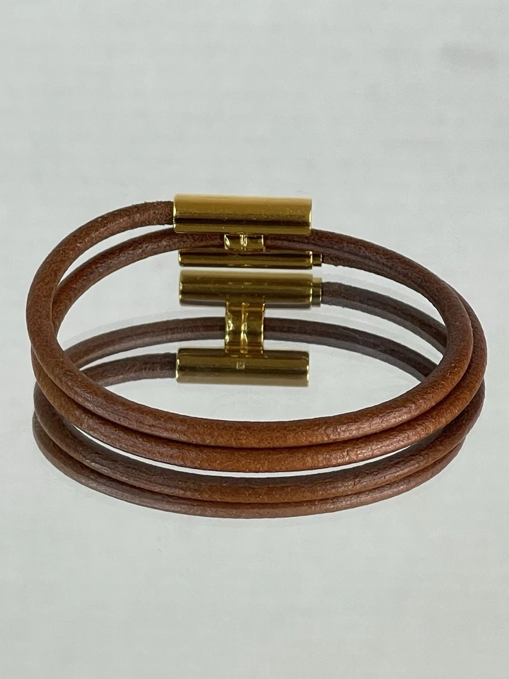 Auténtico Brazalete HERMES Dorado Marrón Cuero H Logo Doble Envoltura Francia Excelente Foto 3 de 4