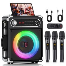 Portable Karaoke Machine with 3 Wireless Mics, Bluetooth Speaker with RGB Lights