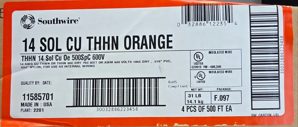 Southwire 11585701 Thhn строительный провод, медь, 14 Awg, 1C, оранжевый, твердый, 500 футов - Изображение 3 из 3
