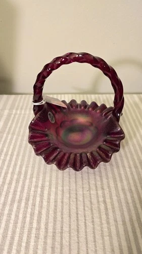 Fenton Ruby Red Opalescent Stretch Glass Basket w/ Embossed Design