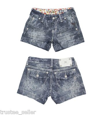 MISS ME Women's Floral Lace Print Indigo Summer Denim Shorts Jeans
