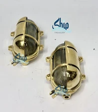 Lot of 2 Brass Oval Wall Lights – Cage & Shade Bulkhead Interior Decor