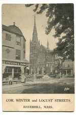 VERY OLD POSTCARD HAVERHILL MA WINTER & LOCUST ST. STEVENS & DOW STORE 1905