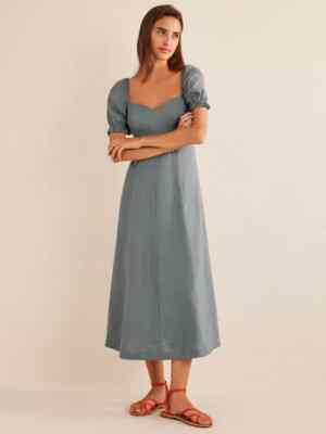 Neu mit Etikett Boden Sweetheart Leinen Midikleid, Gr. 16, tiefseegrün
