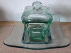 vintage coke bottle green recycled heavy glass apothecary/candy jar w/lid & dish
