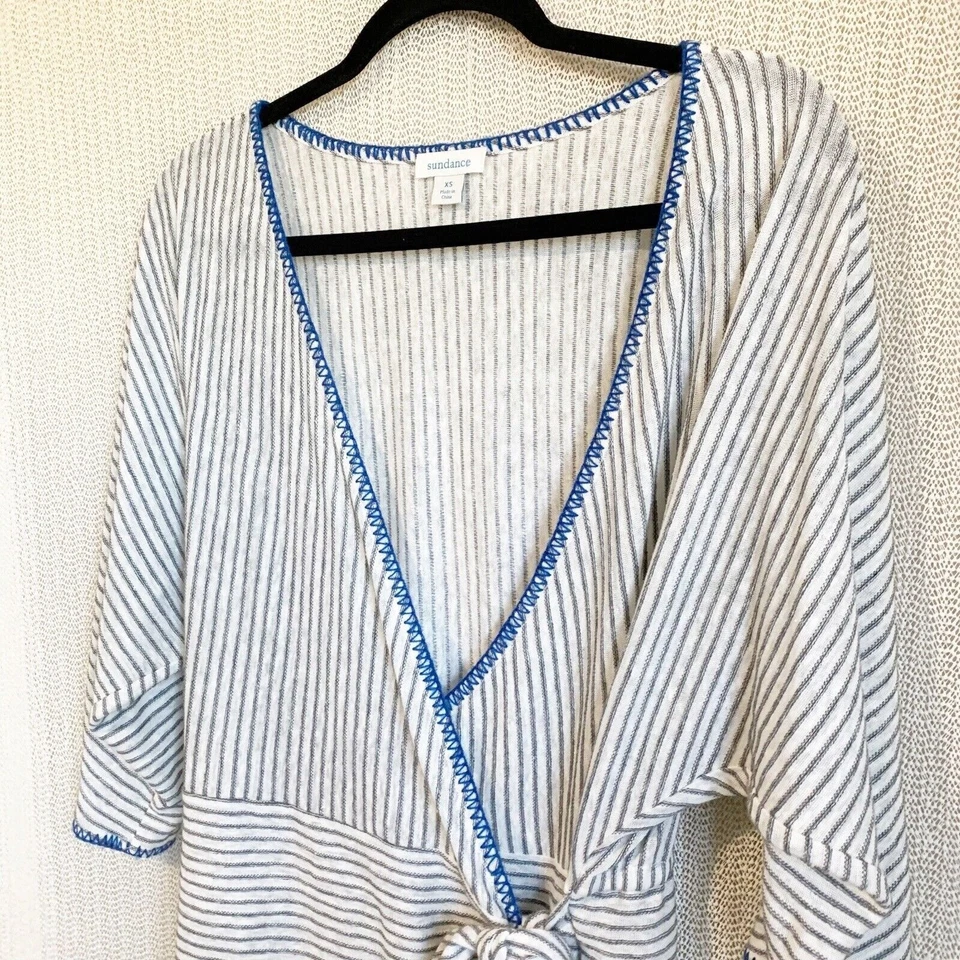 Top envolvente Sundance Freya XS para mujer lino azul punto de látigo a rayas náutico preppy Foto 4 de 4