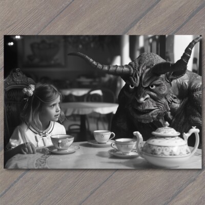 POSTCARD Girl Monster Tea Party Weird Creepy Imaginary Mask Nightmare Unusual