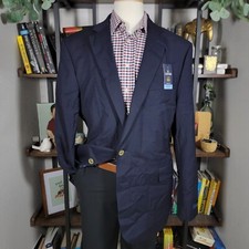 Stafford Men's Hopsack Blazer Two Golden Button NAVY BLUE Wool Blend Classic 48R