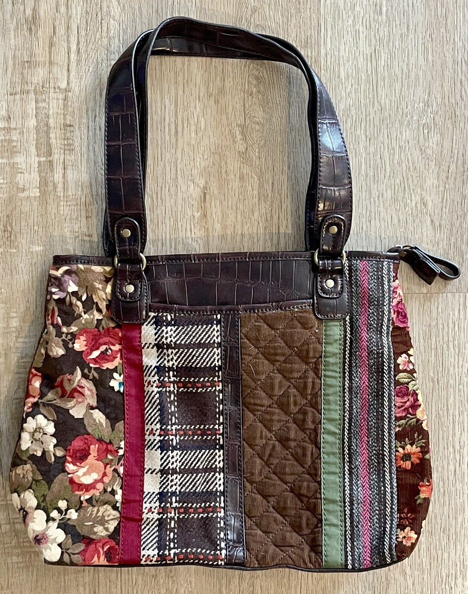 Vintage Relic Patchwork Leather Mixed Material Floral Shoulder Bag Tote  Purse