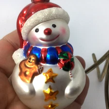 Vintage Lao Mai Blown Glass Ornament Christmas Snowman Red White Stars 3" H