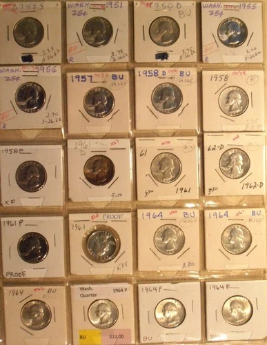Washington Silver Quarter Collection, many BU, some proofs