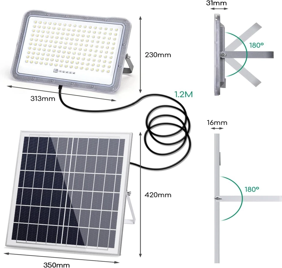 FARO FARETTO LED SOLARE POLICRISTALLINO 200W SENSORE TELECOMANDO IP65 AIGOSTAR - Immagine 2 di 4