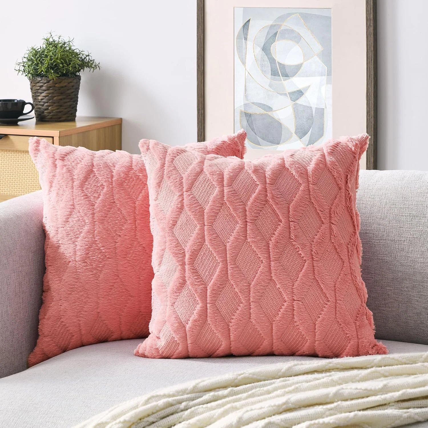 Pack of 2 Faux Wool Throw Pillow Covers 20x20 Inches Decorative Farmhouse Velvet
