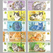 Iceland Cat Memorial Commercial Notes Full Set 50/100/200/500/1000 Banknotes
