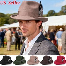 Men Felt Fedora Hat Vintage Short Brim Trilby Lightweight Panama With Feather US