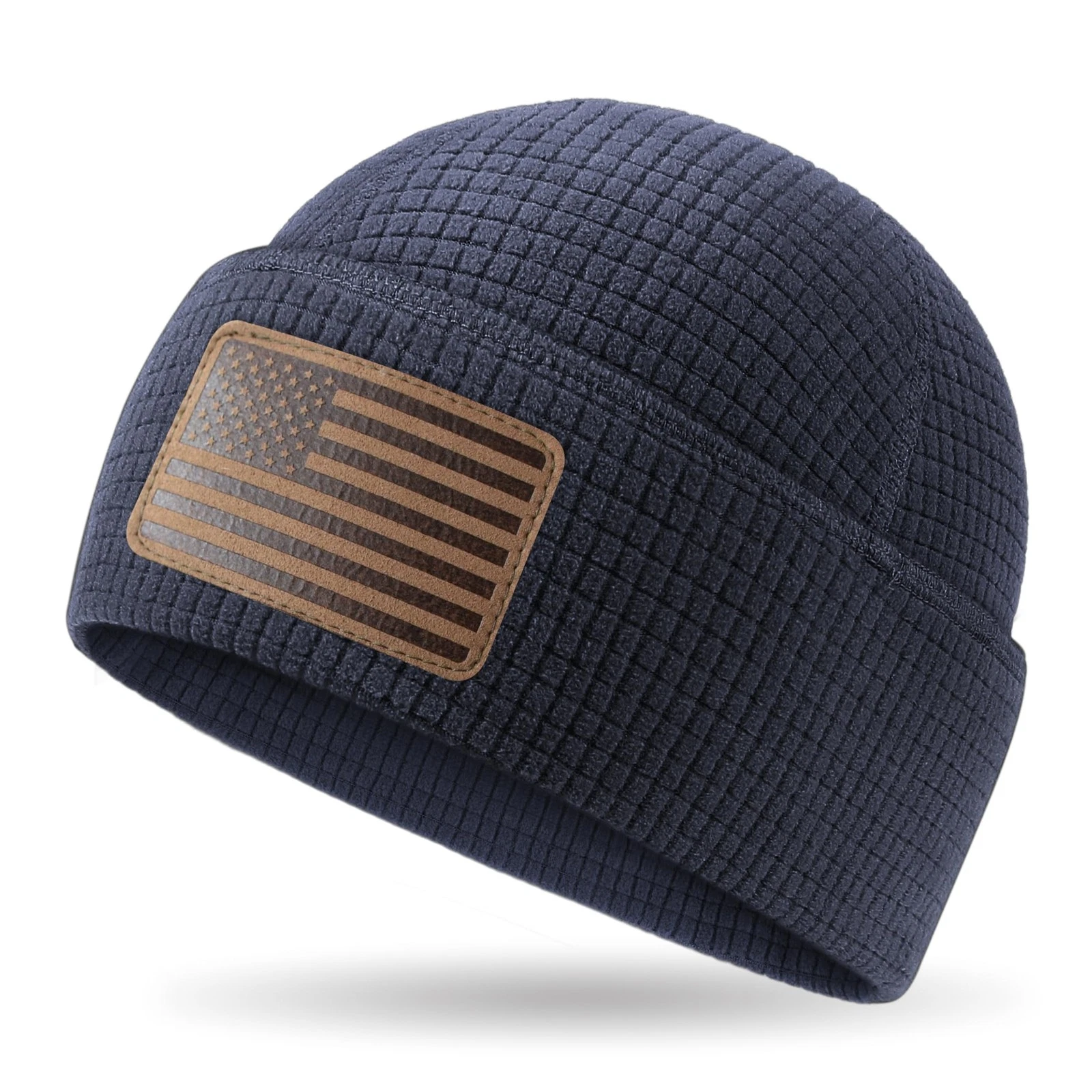 Grid Fleece Cuffed Beanie with Leather American Flag Patch Waffle Tactical Ar...