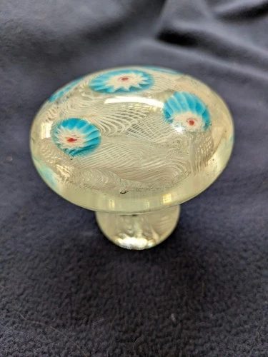 Vintage Murano Italian Art Glass Paperweight Mushroom Blue,Red Millefiori Design