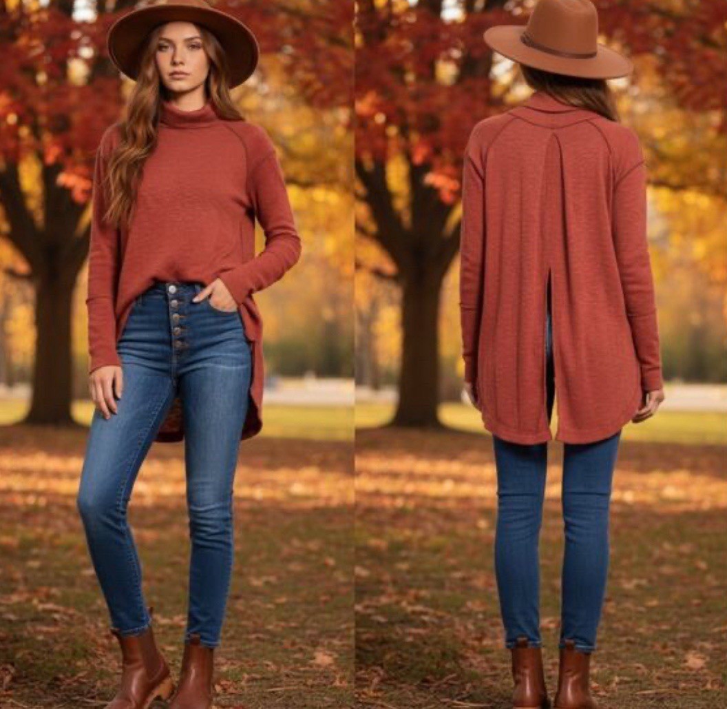 Free People Split Back Rust Turtleneck Sweater Sm… - image 2