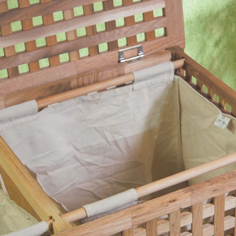 Wäschetruhe große Wäschebox mit 2 Fächer mit Leinensack Walnuss Holz - Bild 4 von 4