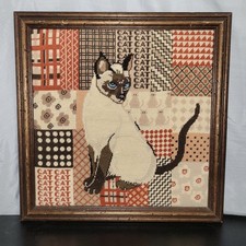 SIAMESE CAT Vintage Needlepoint Framed 17.5" Square Orange Tan Gray Brown