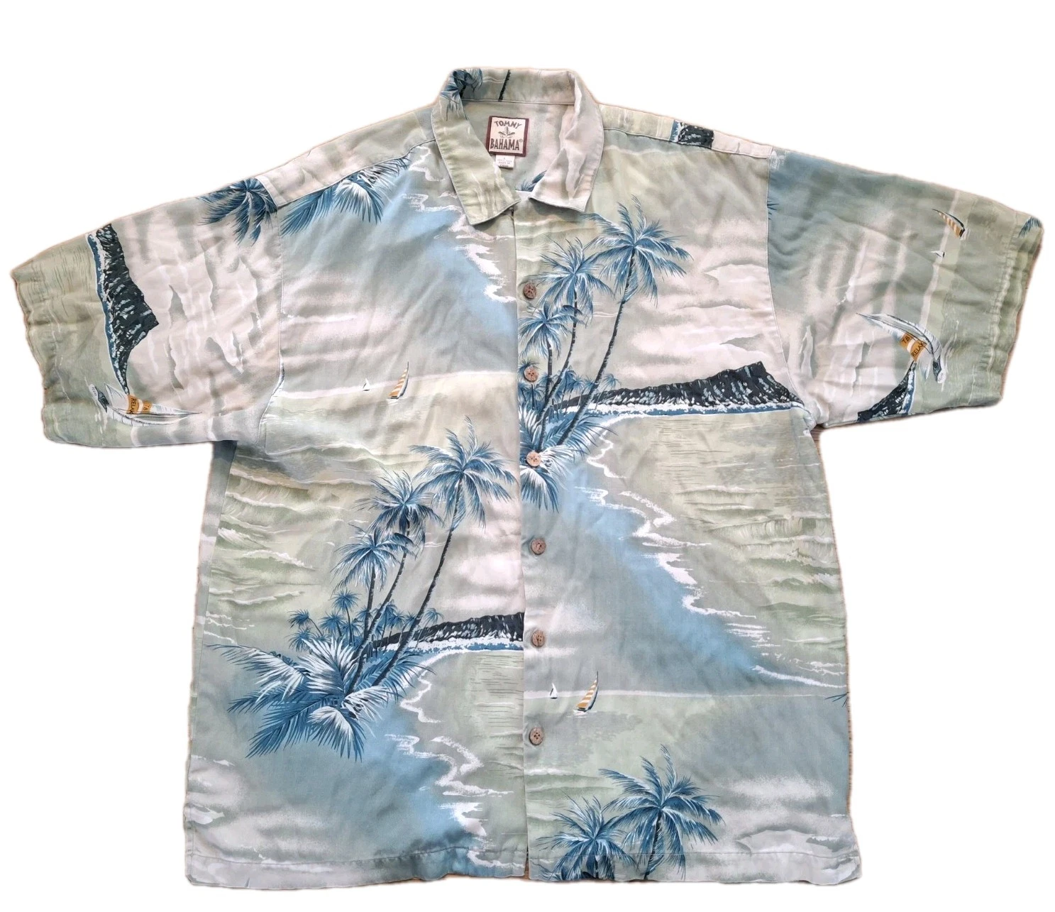 TOMMY BAHAMA Shirt Mens Large Vintage Silk Sailboats Tropical Hawaiian Floral