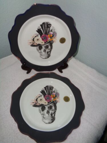 4 HARVEST GREEN Skull Flowers Skeleton Dinner Plates Halloween Dawn Dead Gold - Picture 1 of 2