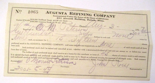 ANTIQUE 1917 AUGUSTA REFINING COMPANY DULUTH MINN. OKLAHOMA STOCK SLIP PETERSON