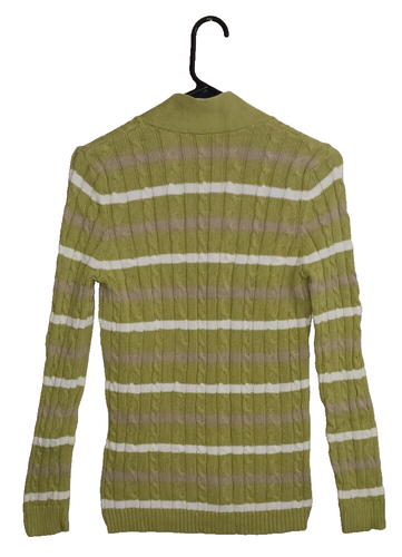 Liz + Co 34" Bust Womens M Green White Beige Stripe Cable Knit Pullover Sweater - Picture 2 of 3