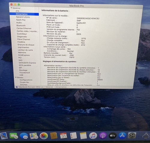  BATTERIE MACBOOK PRO 15" A1707 DE 2016 2017 (A1820) Cycle 164 Originale 100% - Picture 2 of 2