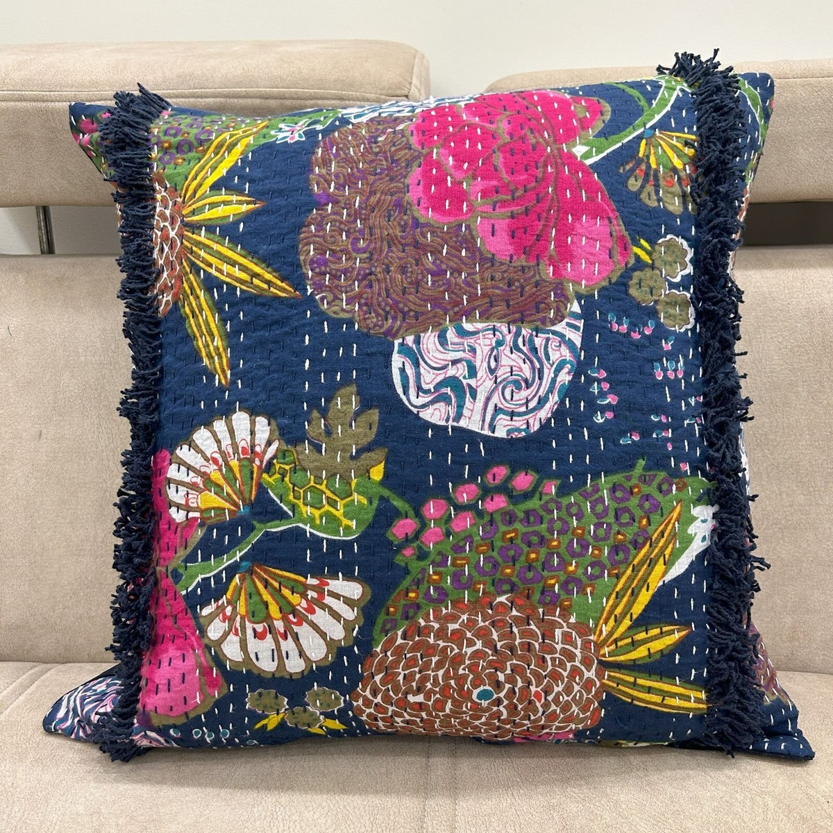 Kantha pillow cover blue tufted cushion cover boho throw pillows