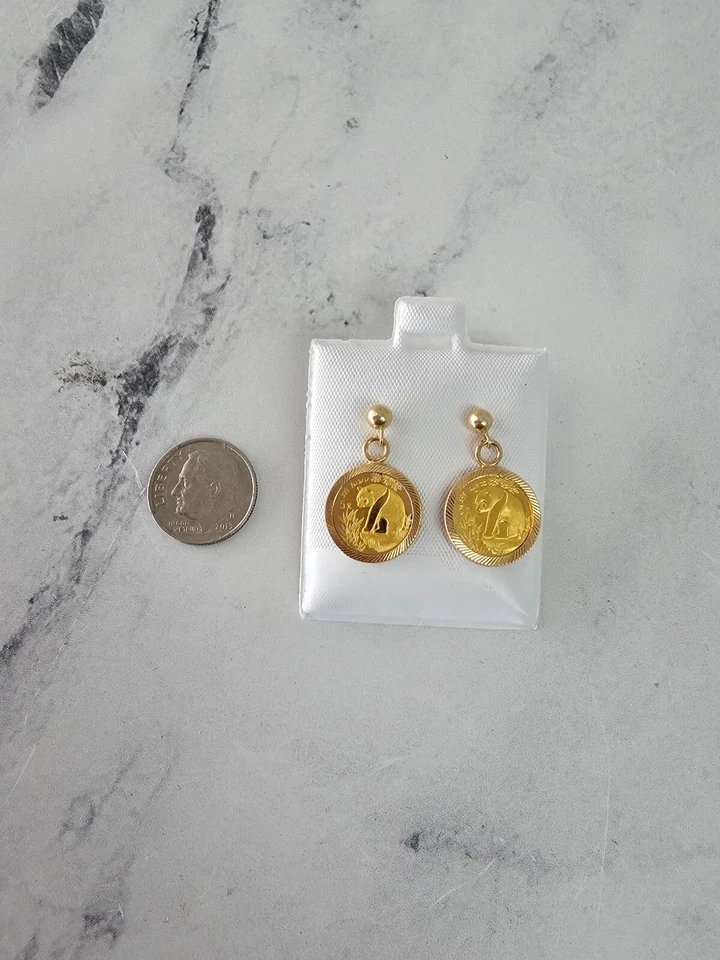 1/20OZ Panda Gold Coin Drop Earrings with Diamond Cut Bezel - Image 3 of 3