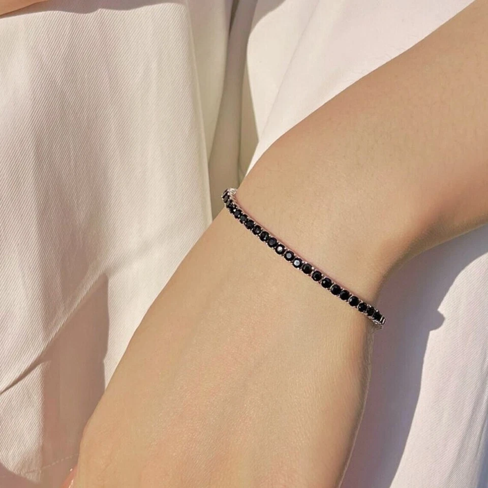 Теннисный браслет 4 мм круглый созданный в лаборатории черный бриллиант - 7,5 дюйма 14 карат белое золото более 925 - Изображение 3 из 4