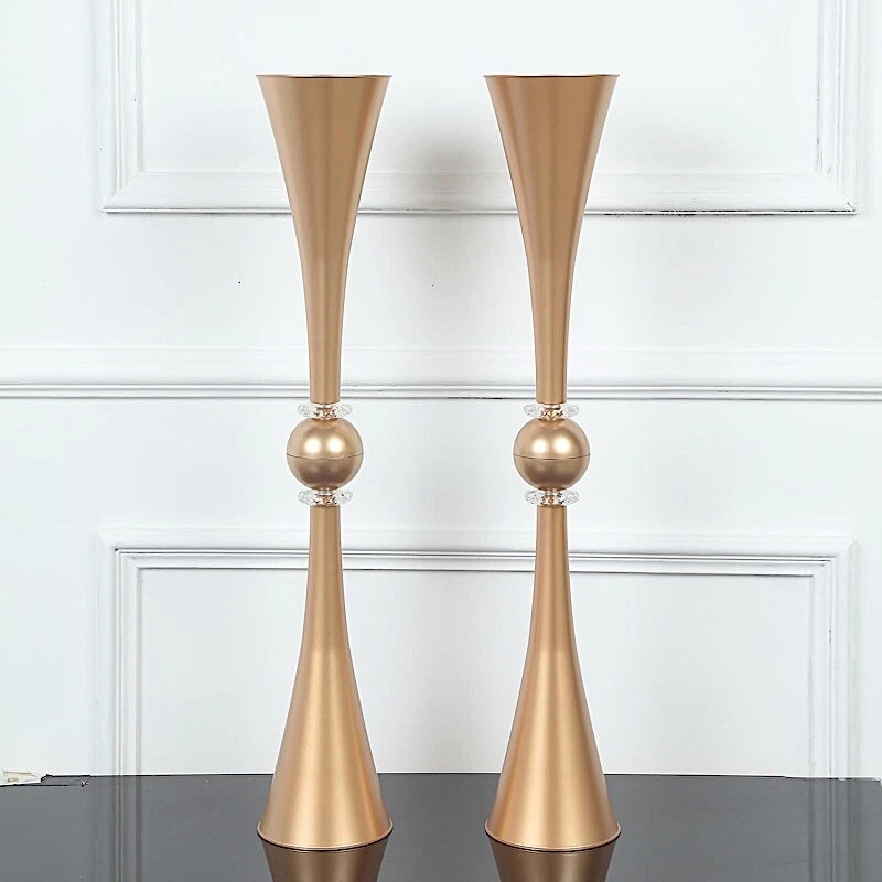 2 Jarrones Metálicos DORADOS 31" Plástico Reversible Trompeta Flores Cristales Fiesta Evento Foto 4 de 4