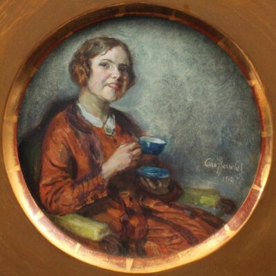 Antique Original German Impressionist Otto Herschel Gouache Paintng Beauty & tea