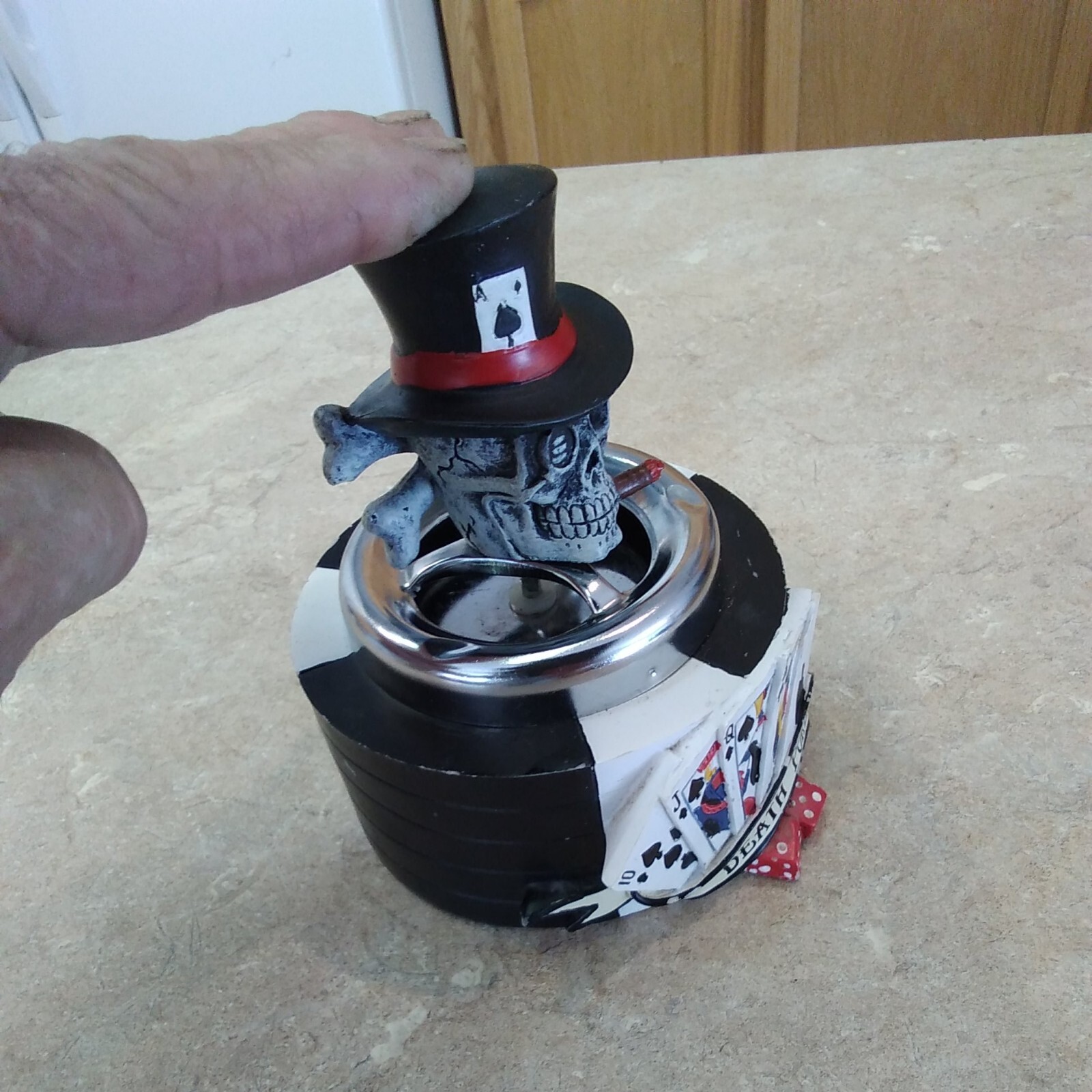 Vintage Skull Push Down Spinning Top Ashtray Metal Ceramic Death Poker