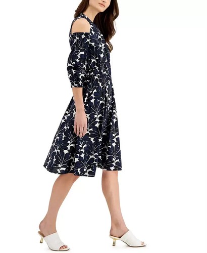 NWT DONNA KARAN Palm Print Cold-Shoulder Midi Dress Size 6 $350 - Picture 5 of 20