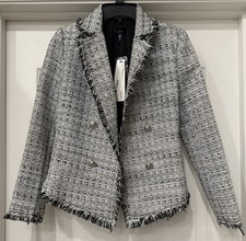 AQUA Women's Black  White Fringe Tweed Blazer Career Chic Size XS NWT 
