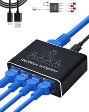 1-to-4 Ethernet Splitter with USB Power Cable 1000Mbps RJ45 Adapter Hub