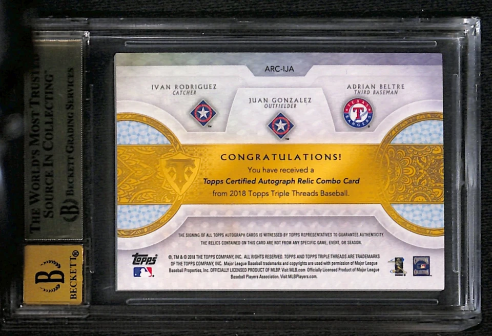 2018 Triple Threads AUTO RELIC Combo Pudge Beltre Gonzalez BGS 9.5 GEM 10 AUTO - Image 2 of 2
