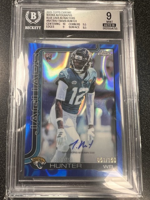 2025 Topps Chrome Football Travis Hunter Rookie Auto Blue Lava /150 BGS9 AUTO 10