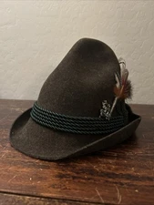 Original Trachtenhute Bayern Hut Oktoberfest Hat Brown Felt W/ Pin Rope Feather