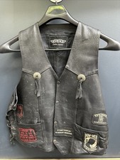 Vintage UNIK Leather Apparel Biker Vest Sz 52 With Harley Military Patches