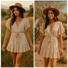 Here Comes The Sun Dot Ruffle Mini Dress Small | Boho Flutter Sleeve NWT